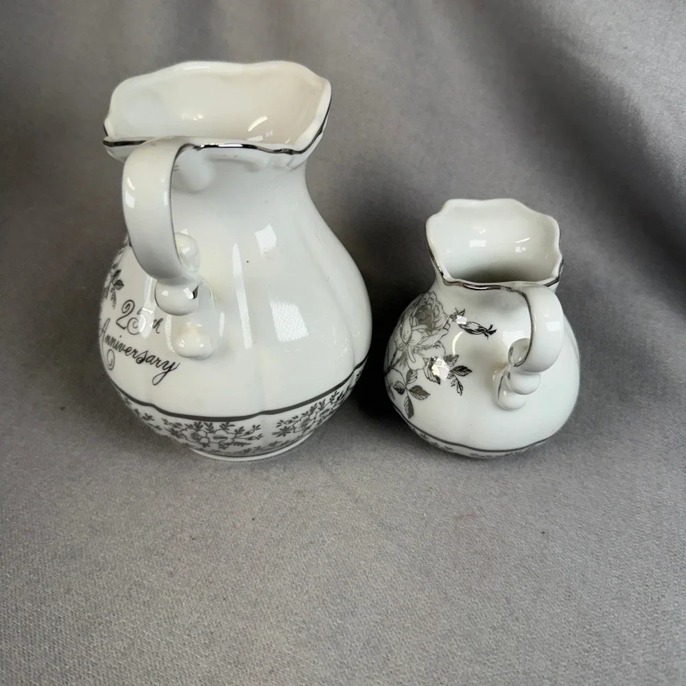 Napco 25th Anniversary Pitcher Set Unisex Small White Silver Vintage Rose AB-185